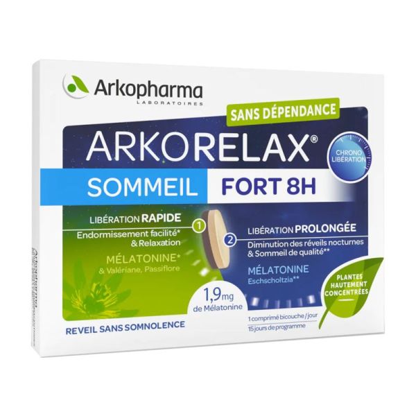 ARKORELAX Sommeil Fort 8H - Complément Alimentaire Bicouche (Libération Rapide + Prolongée) - Bte/15