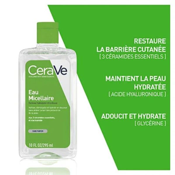 CERAVE Eau Micellaire 295ml - Nettoyant et Démaquillant Visage - Peaux Normales à Sèches