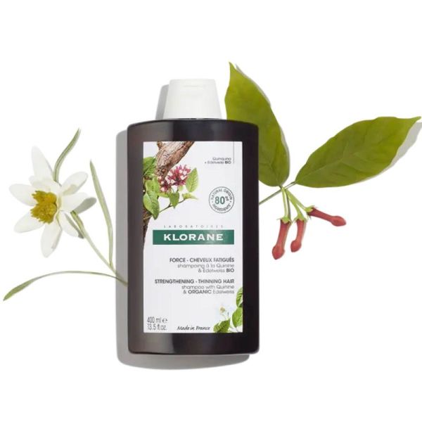 KLORANE à la QUININE et EDELWEISS Bio 400ml - Shampooing pour Cheveux Fatigués - Fl/400 ml - 3282770141283