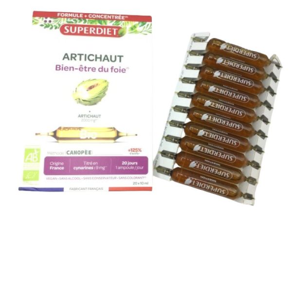 SUPERDIET Artichaut Bio 20 Ampoule de 15ml - Bien Etre du Foie - Agriculture Bio