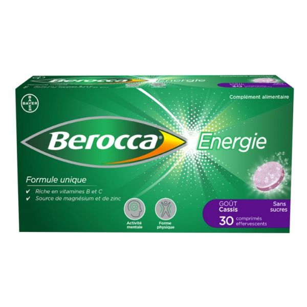 BEROCCA ENERGIE CASSIS Sans Sucre 30 Comprimés Effervescents - Forme Physique, Activité Mentale