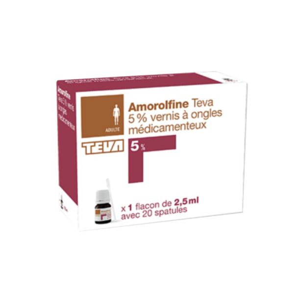 Amorolfine Teva 5%, vernis à ongles médicamenteux 2,5 ml 20 spatules