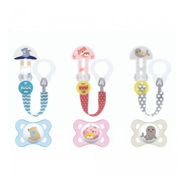 MAM Sucette Anatomique Silicone + Attache Sucette Motif Hippopotame Bl