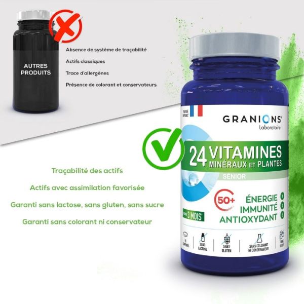 GRANIONS PILULIERS Sénior Antioxydant 90 Comprimés - 24 Vitamines, Minéraux et Plantes