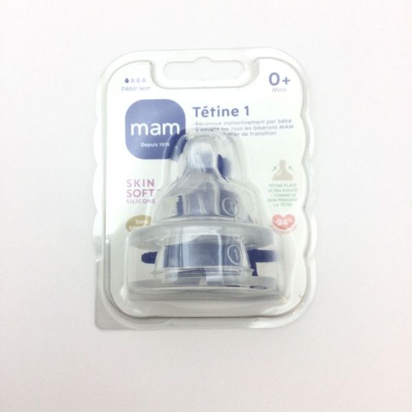 MAM Tétine Débit 1 (Lent) - 0 Mois et + Tétine Plate en Silicone pour Biberon - Sans BPA - Bte/2