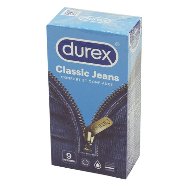 DUREX CLASSIC JEANS 9 Préservatifs - Transparent, Lubrifié, Forme Profilée, Latex Naturel