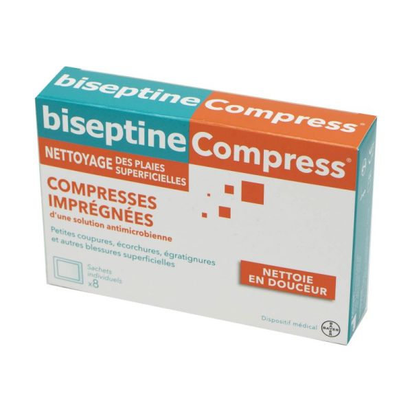 BISEPTINE Compress -  8 Compresses Imprégnées pour le Nettoyage des Plaies Superficielles