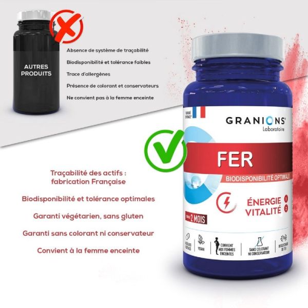 GRANIONS PILULIERS Fer 60 Gélules Végétales - Energie, Vitalité