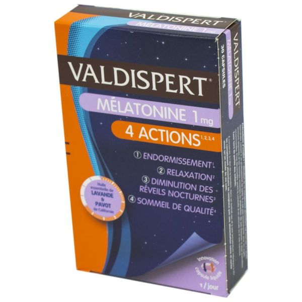 VALDISPERT MELATONINE 1 mg 30 Capsules - 4 Actions : Endormissement + Relaxation + Diminution des Rêves Nocturnes