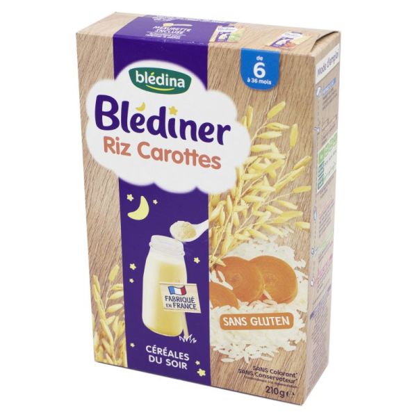 BLEDINER Riz Carottes 210g - Nourrissons de 6 à 36 Mois - Céréales du Soir sans Gluten