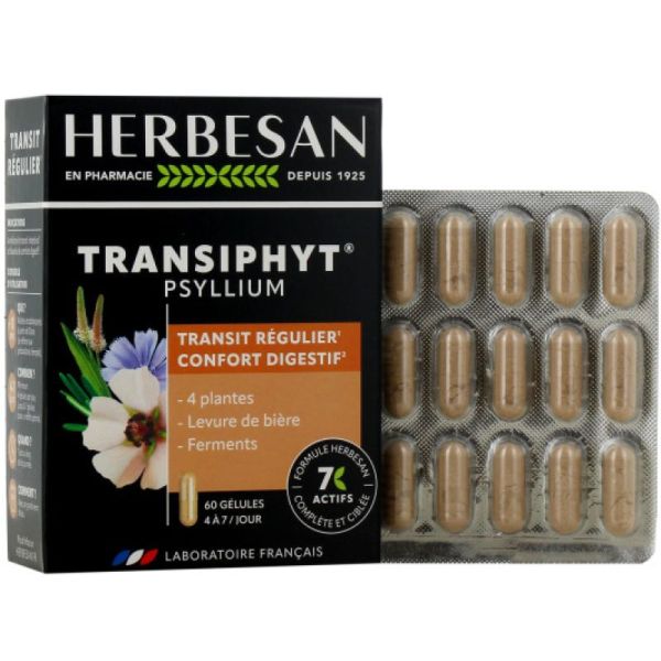HERBESAN TRANSIPHYT Psyllium 60 gélules Transit facile - 4 Plantes, Levure de Bière, Ferment