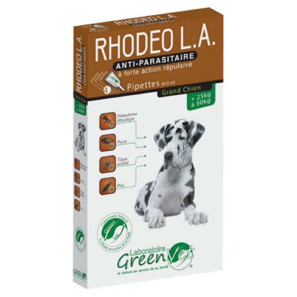 RHODEO L.A Grand Chien de +25 à 50kg - 4 Pipettes de 6ml - Anti Parasitaire à Forte Action Répulsive