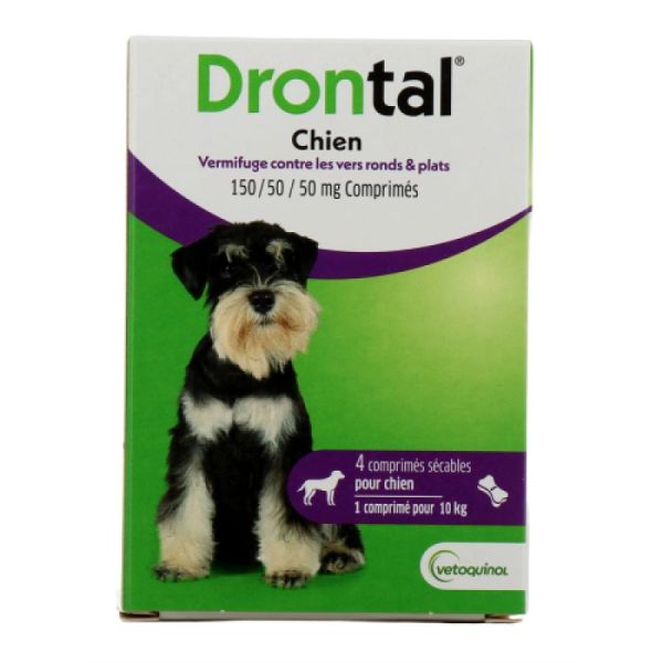 DRONTAL CHIEN Bte/4 Comprimés - Vermifuge Chiens contre les Vers Ronds et les Vers Plats - Comprimés