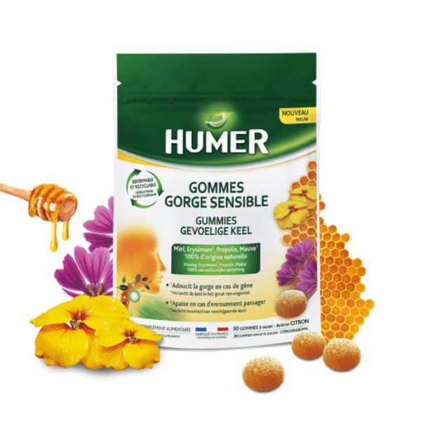 HUMER 30 Gommes Gorge Sensible Dès 6 Ans - Miel, Erysimum, Propolis, Mauve