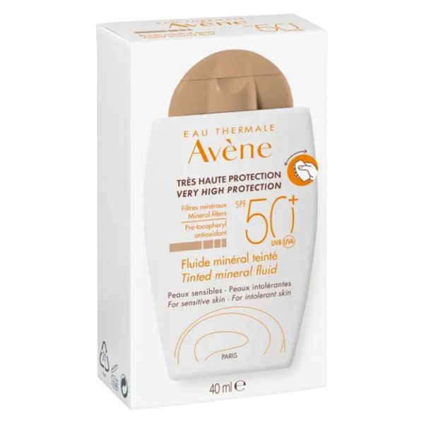 AVENE SOLAIRE Fluide Minéral Teinté SPF50+ 40ml - Très Haute Protection Peaux Sensibles, Réactives, Intolérantes