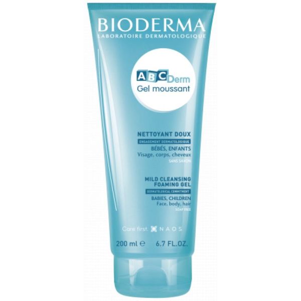 BIODERMA ABCDerm Gel Moussant 200ml sans Rinçage - Netttoyant Doux Breveté Visage Corps Cheveux - T/