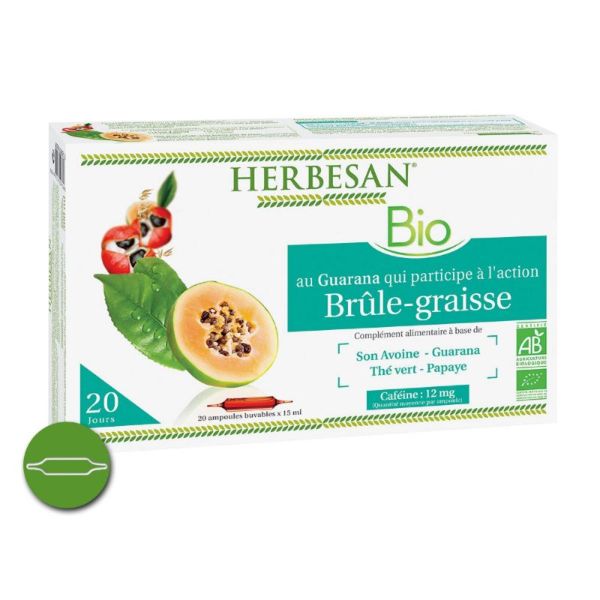 HERBESAN Bio Brûle Graisse 20 Ampoules - Complément Alimentaire Son d' Avoine, Guarana, Thé Vert