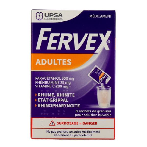 Fervex Adultes granulés, avec sucre - Boite de 8 sachets