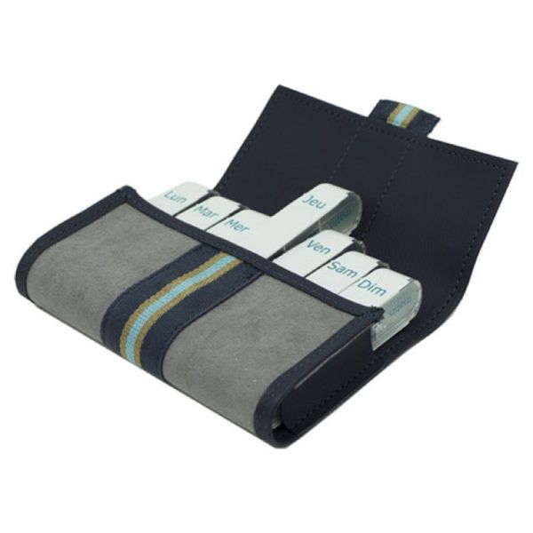 PILBOX LIBERTY Gris Rayé Marine - Pilulier Hebdomadaire - 7 Modules de 4 Cases