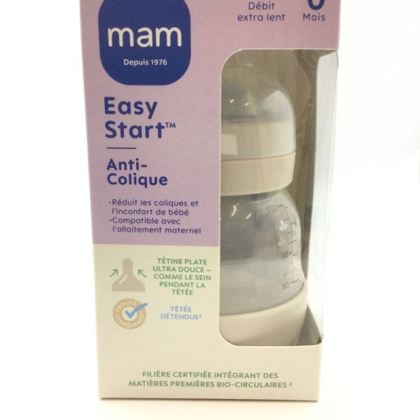 MAM Biberon Easy Start Anti Colique 130ml Gris - 0 Mois et + Tétine Débit extra lent 9001616836459