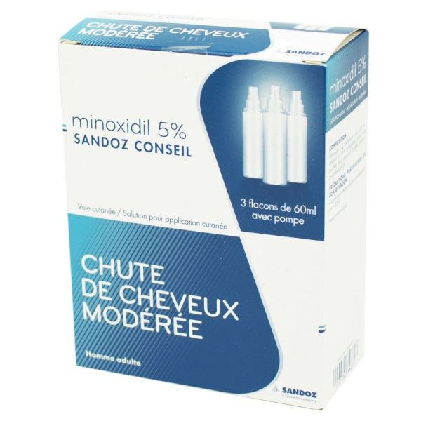 Minoxidil Sandoz Conseil 5 %,  3 Flacons 60 ml