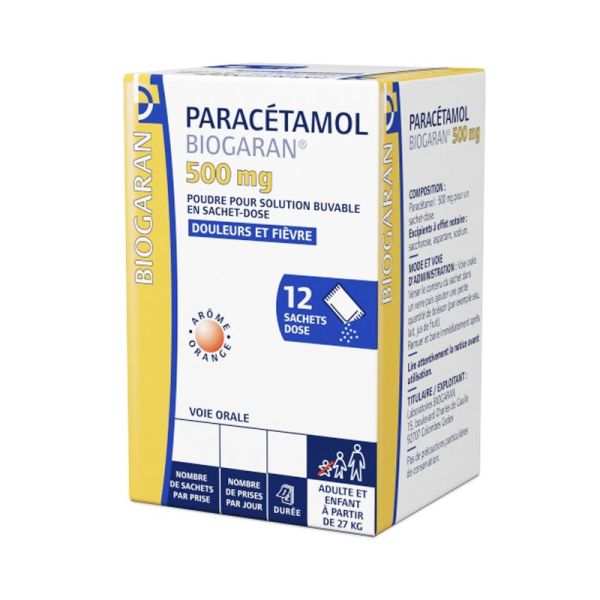 Paracétamol 500 mg Biogaran, poudre pour solution buvable - 12 sachets