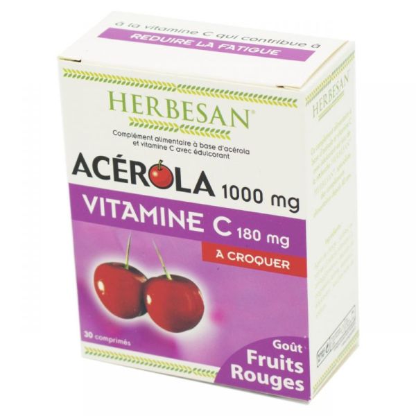HERBESAN Acérola 1000mg Vitamine C 180mg Fruits Rouge, Complément Alimentaire Fatigue - 30 Comprimés