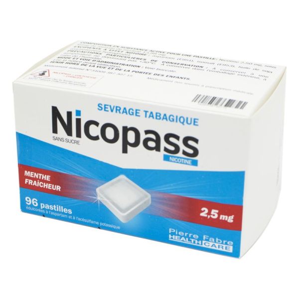 Nicopass 2,5 mg menthe fraîcheur, sans sucre - 96 pastilles à sucer