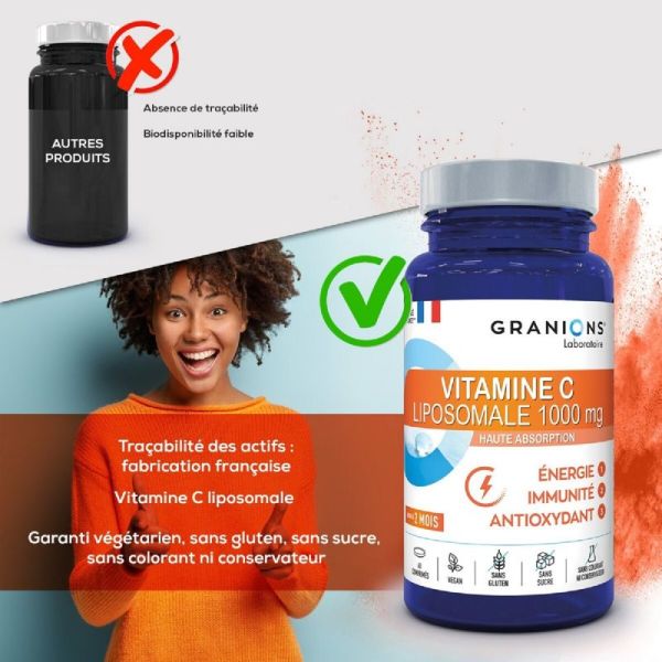 GRANIONS PILULIERS Vitamine C Liposomale 1000mg 60 Comprimés - Energie, Immunité, Anti-oxydant