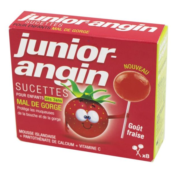 JUNIOR ANGIN 8 Sucettes Enfant, Dès 3 Ans - Mal de Gorge - Goût Fraise