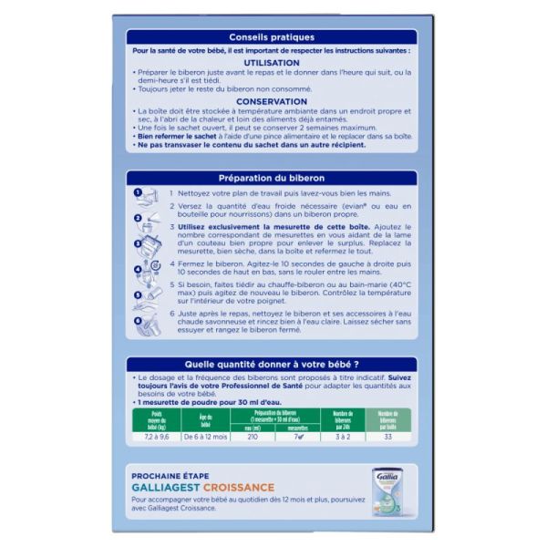 GALLIAGEST 2 Premium - Formule brevetée épaissie à l'amidon - Lait en poudre 6 /12 mois - Bte/ 2x550g