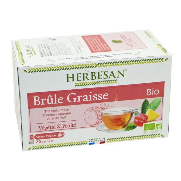 HERBESAN BIO BRULE GRAISSE 20 Sachets de 1.5g - Thé Vert, Maté, Pomme, Guarana, Ananas Fruit