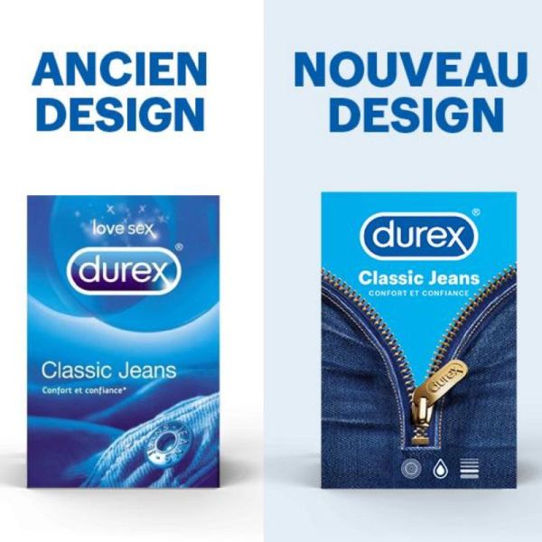 DUREX CLASSIC JEANS 9 Préservatifs - Transparent, Lubrifié, Forme Profilée, Latex Naturel