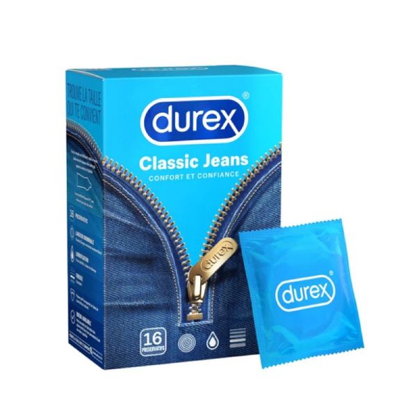DUREX CLASSIC JEANS 16 Préservatifs - Transparent, Lubrifié, Forme Profilée, Latex Naturel
