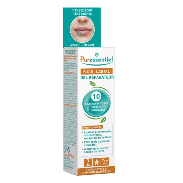 PURESSENTIEL SOS Labial Gel Réparateur Lèvres - 10 Huiles Essentielles 100% Pures Naturelles - 5ml