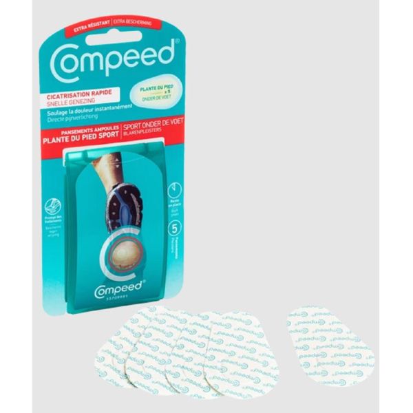 COMPEED 5 Pansements Ampoules Plante du Pied Sport 4 x 6.6cm - Technologie Hydrocolloïde