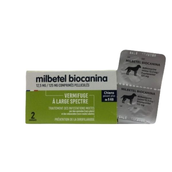 BIOCANINA MILBETEL 12.5mg/125mg Vermifuge Chiens de 5 à 75 kg - Comprimés Pelliculés Arôme Viande - 3661729025223