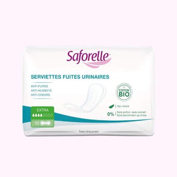 SAFORELLE BIO 10 Serviettes Fuites Urinaires EXTRA - Anti-Fuites, Anti-Humidité, Anti-Odeurs