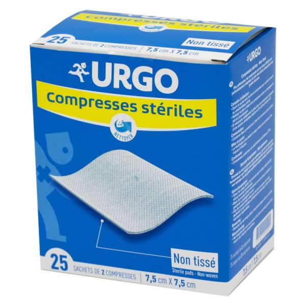 URGO Compresses Stériles Non Tissées 7.5 x 7.5 cm Bte/25 - Sachet de 2 Compresses - Bte/25