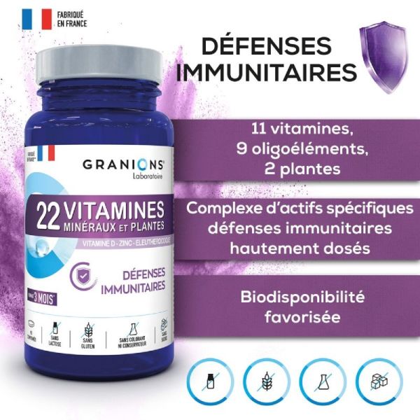GRANIONS PILULIERS Défenses Immunitaires 90 Comprimés - 22 Vitamines, Minéraux et Plantes