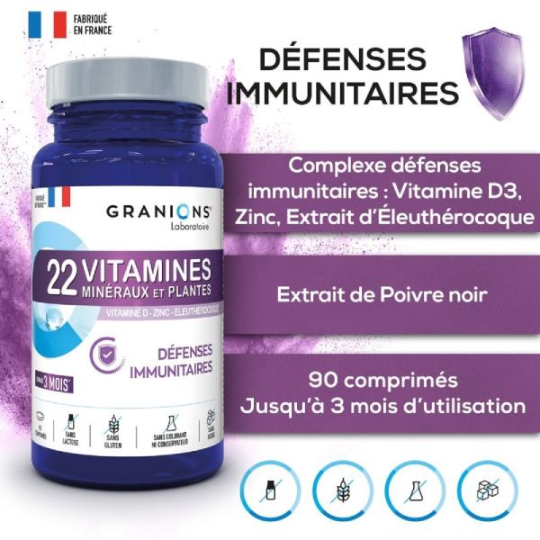 GRANIONS PILULIERS Défenses Immunitaires 90 Comprimés - 22 Vitamines, Minéraux et Plantes