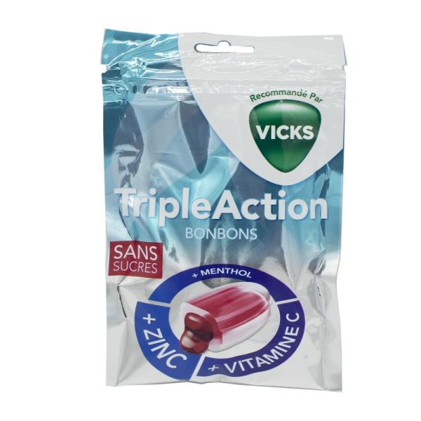 Vicks Bonbons Triple Action Sans Sucre 72g Menthol Vitamine C Zinc Adulte 4030300002639