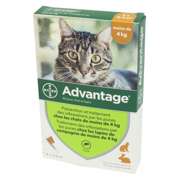 ADVANTAGE 40 Bte/4 Pipettes de 0.4ml - Chat et Lapin de moins de 4kg - Infestions par les Puces