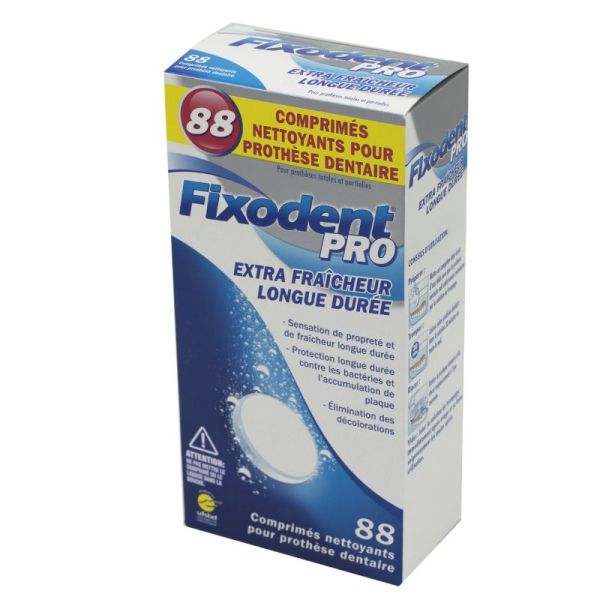 FIXODENT Pro Comprimés Nettoyants Bte/88 - Pour Prothèse Dentaire - Extra Fraîcheur Longue Durée