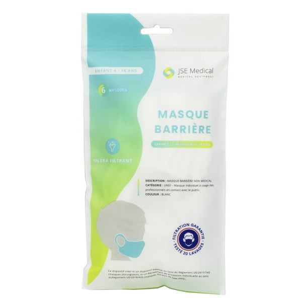 JSE MEDICAL - 6 Masques Barrière Enfant 4 à 10 Ans - Lavable et Réutilisable 20 fois