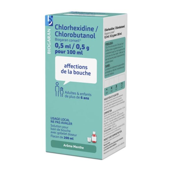 Chlorhexidine/chlorobutanol Biogaran conseil® solution pour bain de bouche 200 ml