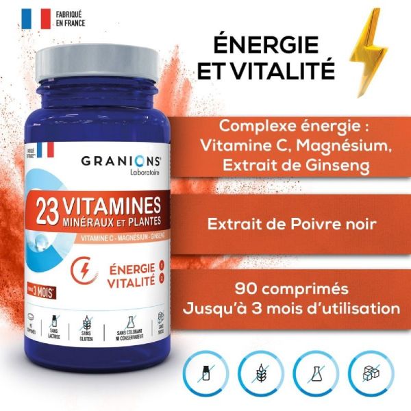 GRANIONS PILULIERS Energie Vitalité 90 Comprimés - 23 Vitamines, Minéraux et Plantes