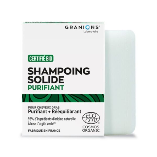 GRANIONS Shampoing Solide Purifiant Ré-équilibrant BIO 80g - Cheveux Gras - A base d' Argile Verte