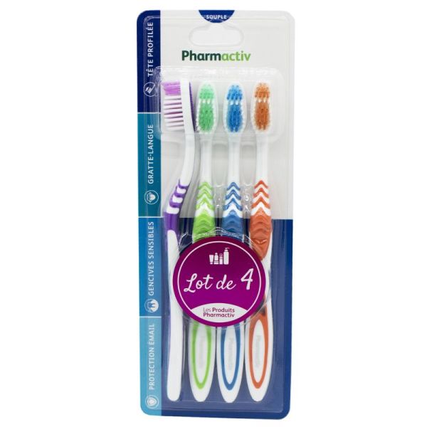 Pharmactiv Lot De 4 Brosses A Dents Souples Adulte Tete Profilee Gratte Langue