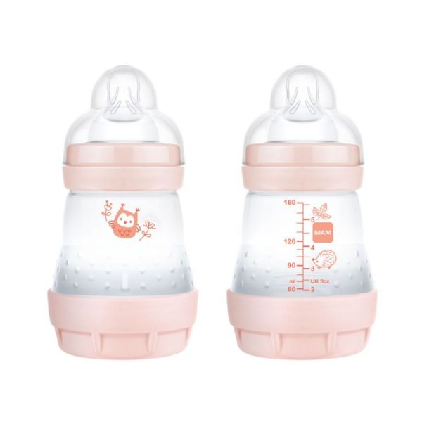 MAM 2 Biberons Easy Start Anti Colique 160ml Blush - 0 Mois et + Tétine Débit 1